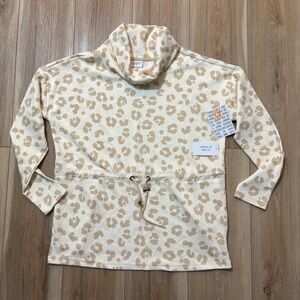 LuLaRoe Teresa Cinched Cowl Neck Pullover in a beige leopard print, size XS